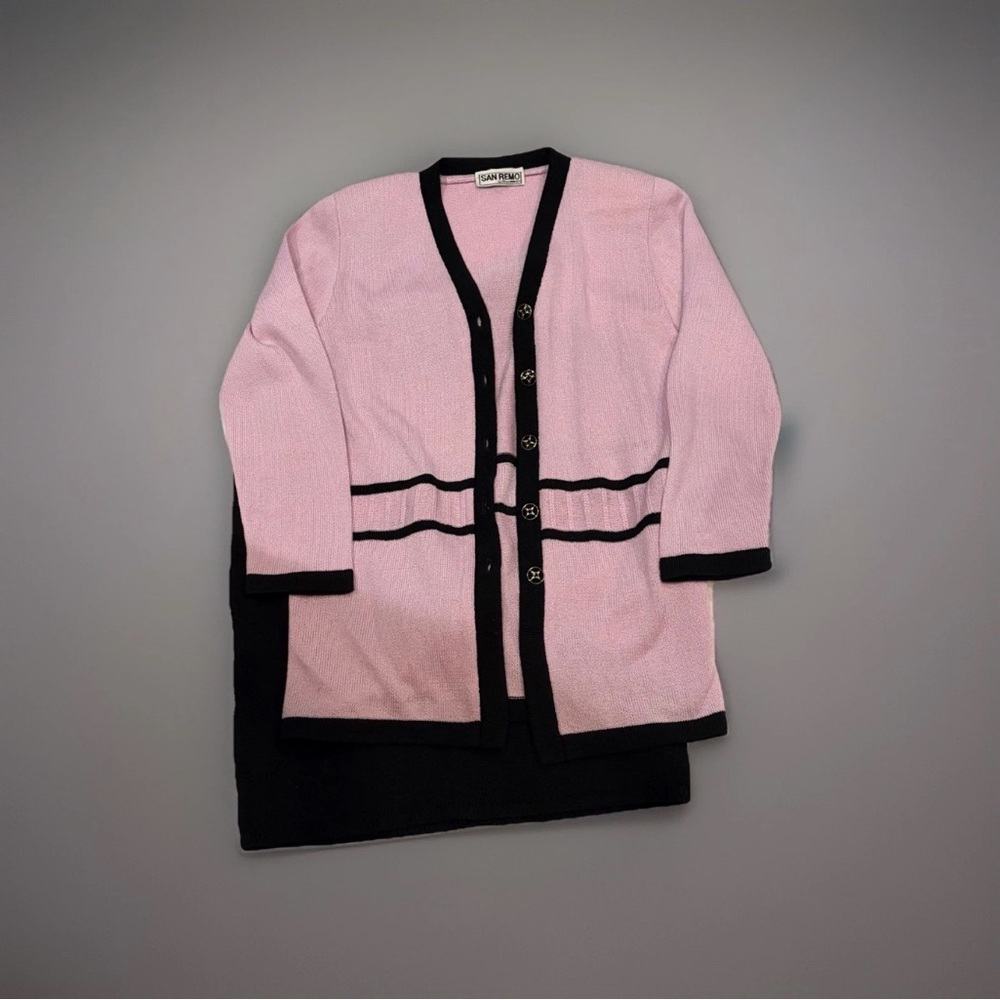 Vintage San Remo by Laura Knits 2-Piece Set | Pink & Black Cardigan + Skirt SZ S